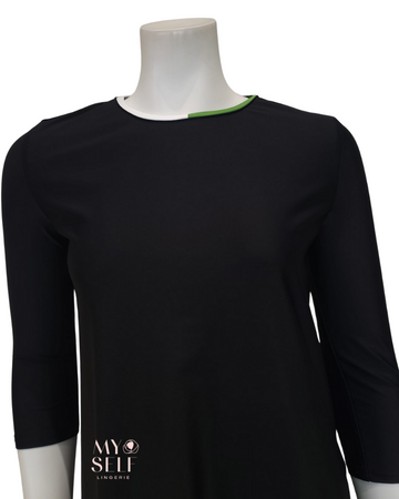 Seashells S6602 Green & White Trim Black Swim Dress 3/4" Sleeves myselflingerie.com